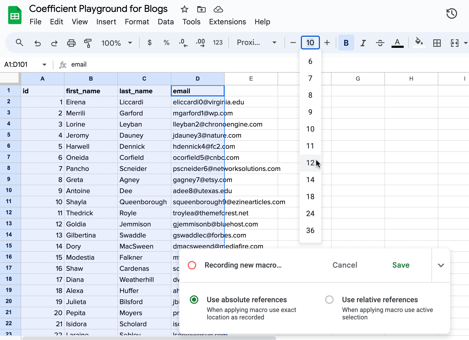 Navigate to the toolbar and increase the font size to 12.