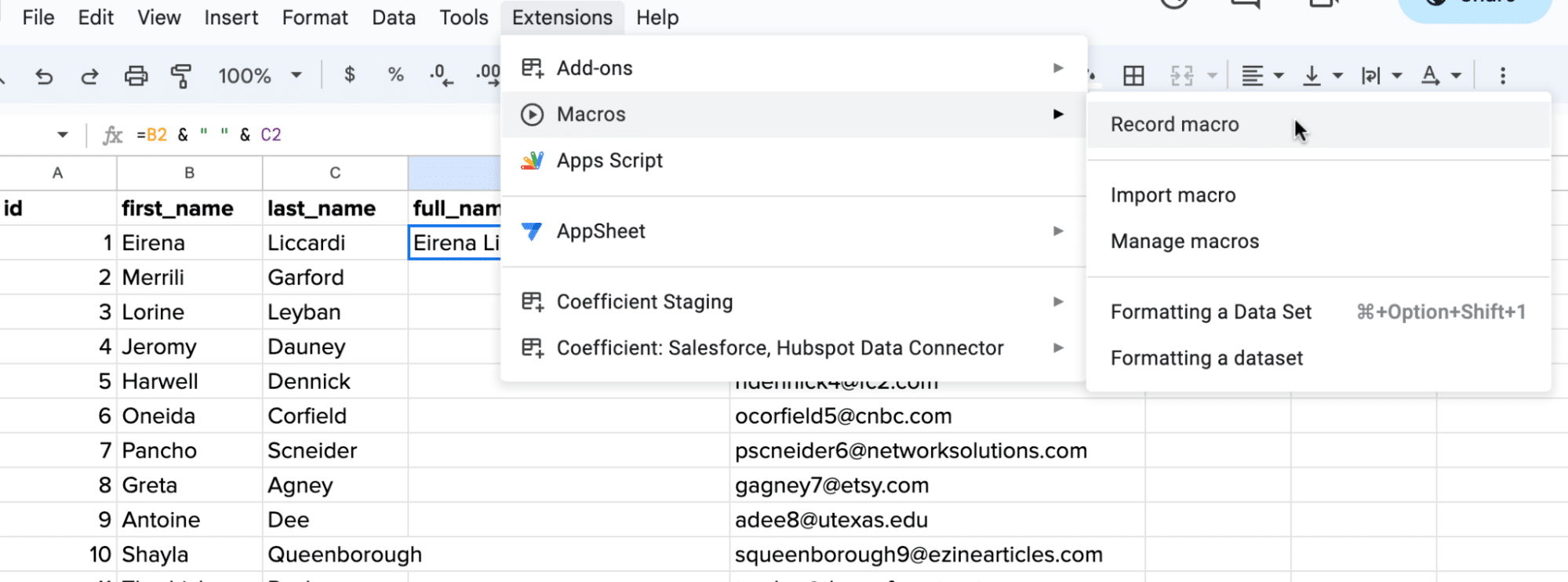 Start recording your macro by going to Extensions > Macros > record macro