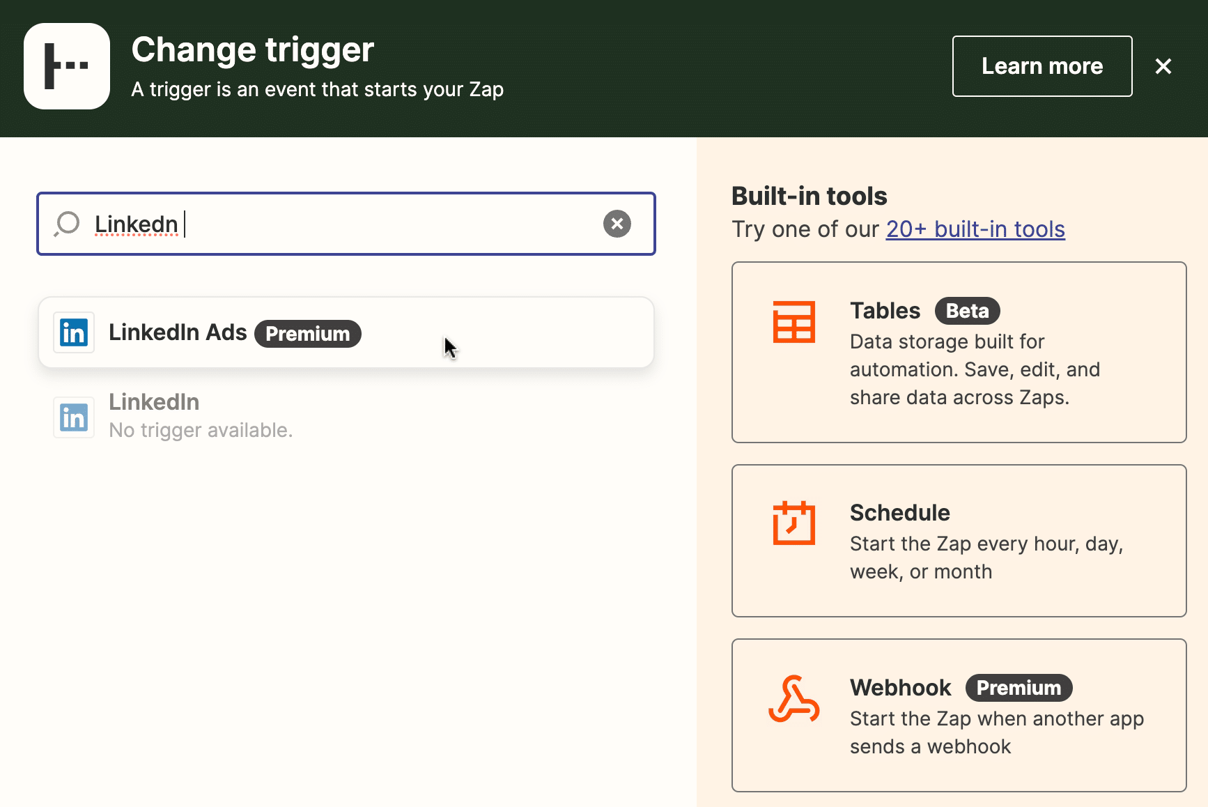 select linkedin as your trigger