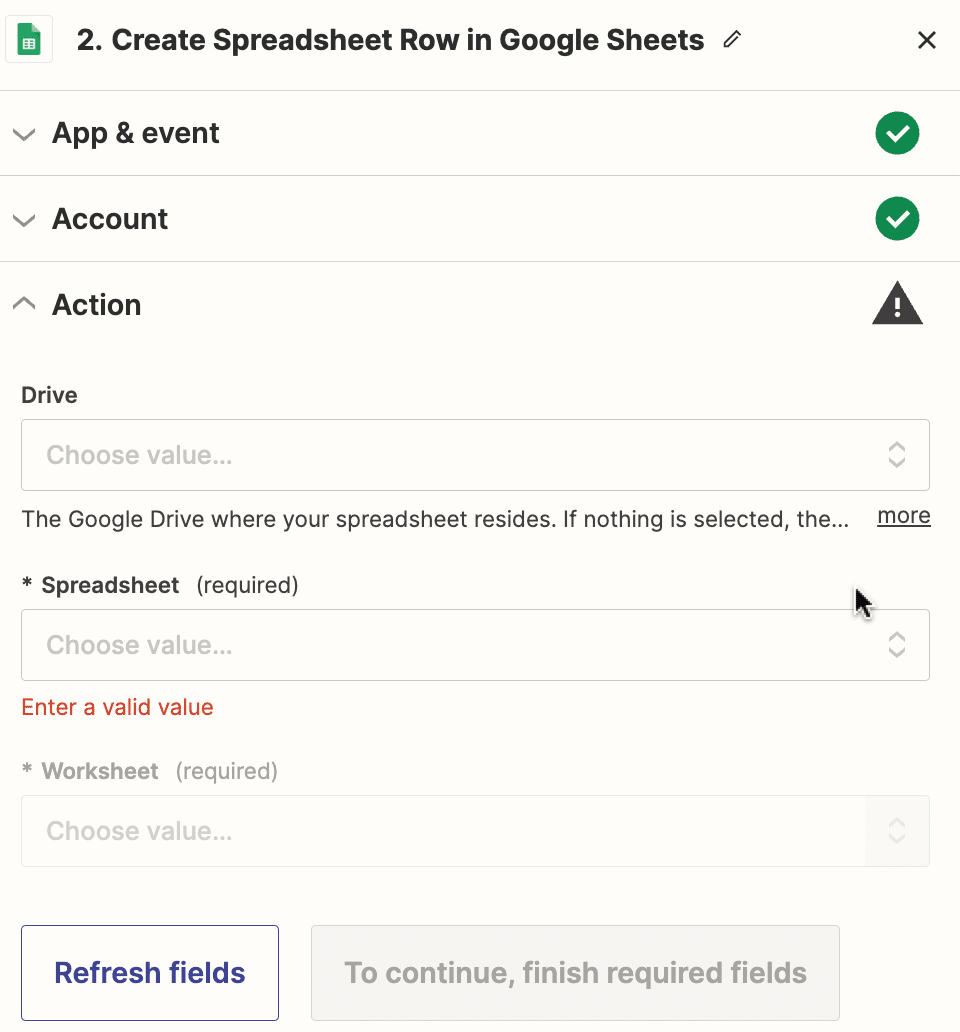 continue setting up your action by selecting your spreadsheet location
