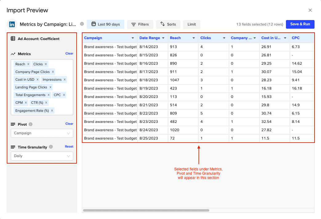 Coefficient’s Import Preview menu allows you to select the metrics you want to import