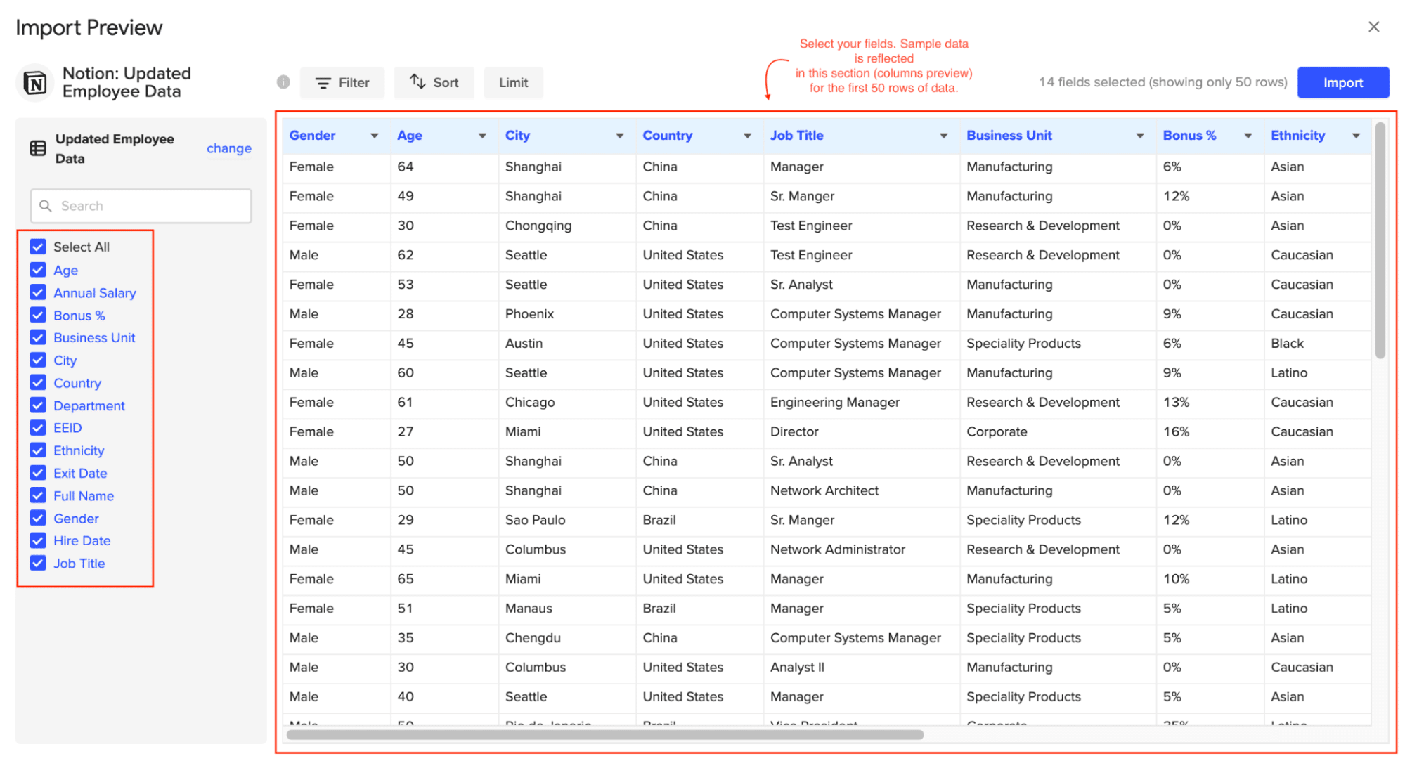 Check the boxes for the fields you want to import