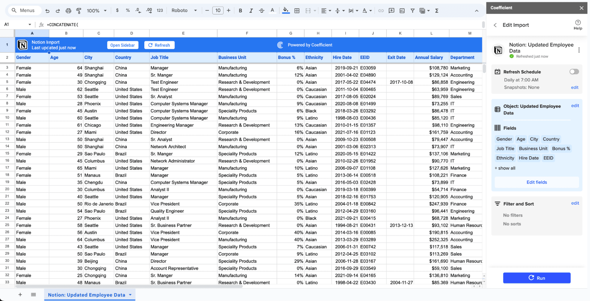 click import and your spreadhseet will automatically display notion data