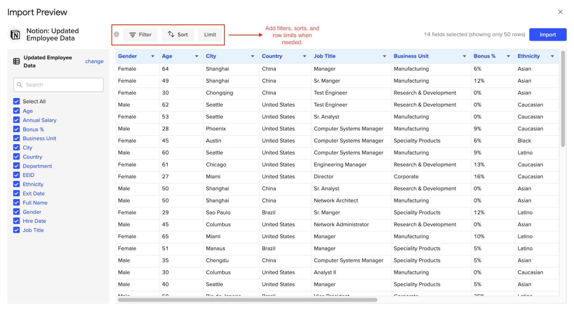refine your import by adding filters, sorting, or setting limits
