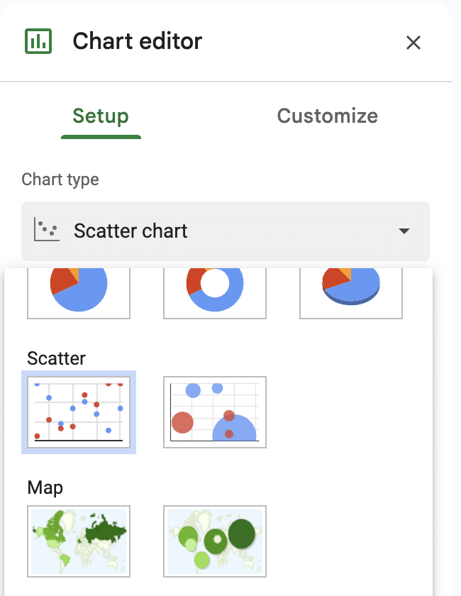 Ensure the chart type is set to “Scatter chart” in the Chart Editor.