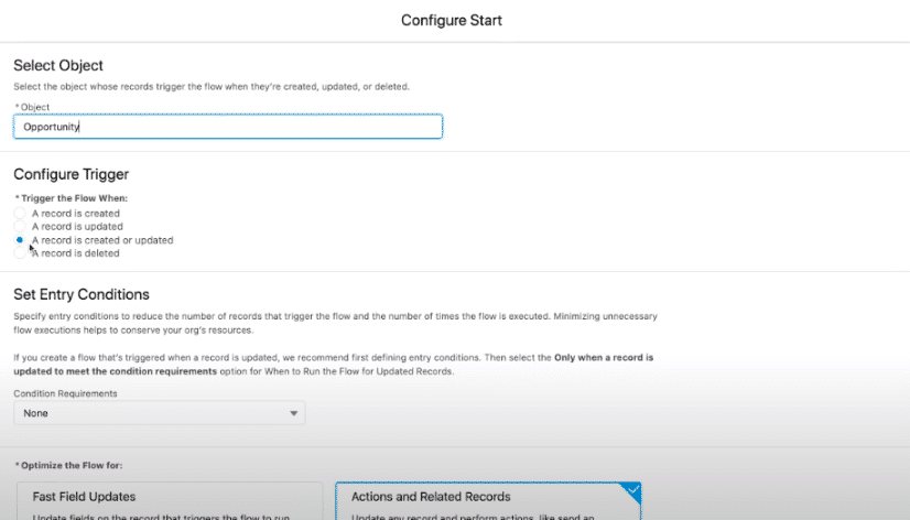 Set the flow to trigger "after" an opportunity record is created or edited.