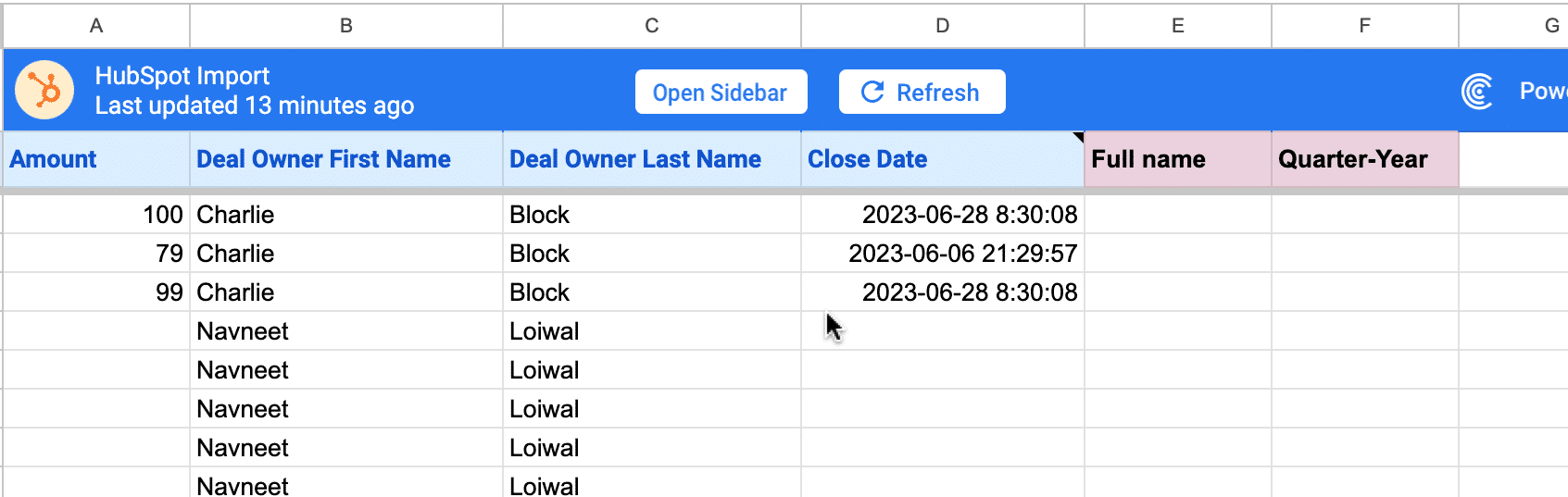Create two new columns, ‘Full name’ and ‘Quarter-Year,’ in cells 2E and 2F.