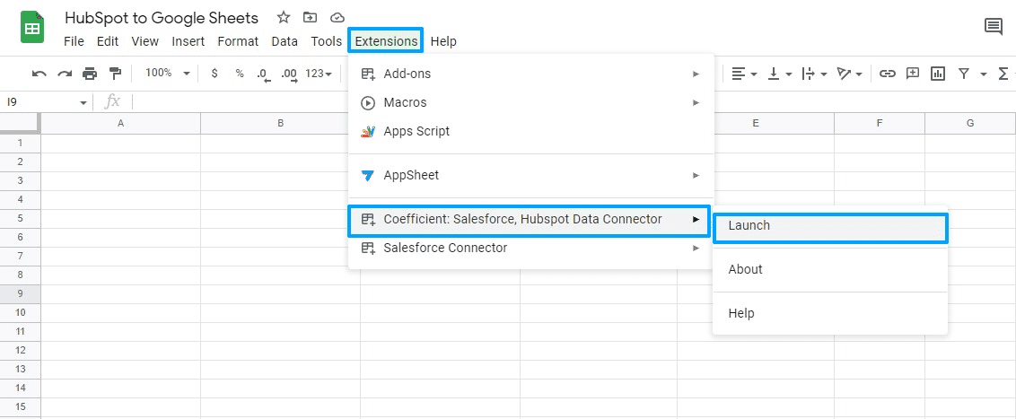 Launch Coefficient from the Extensions drop down in Google Sheets.
