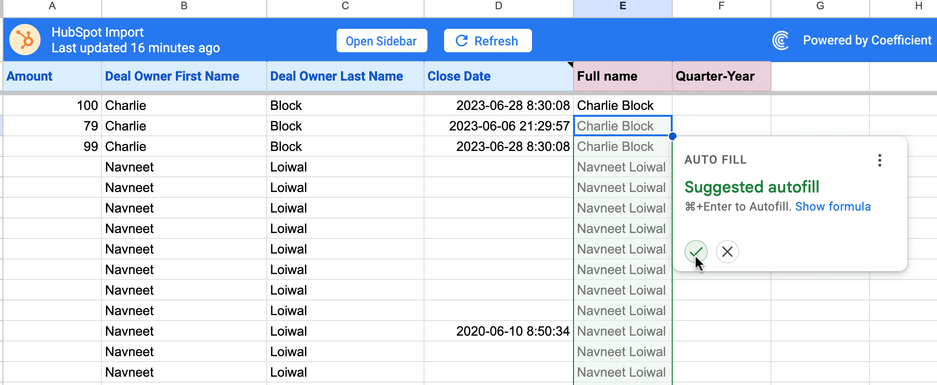 Press enter and accept the suggested autofill to apply the formula down the column.