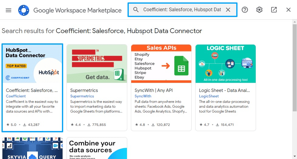This image shows Coefficient in the Google Marketplace.