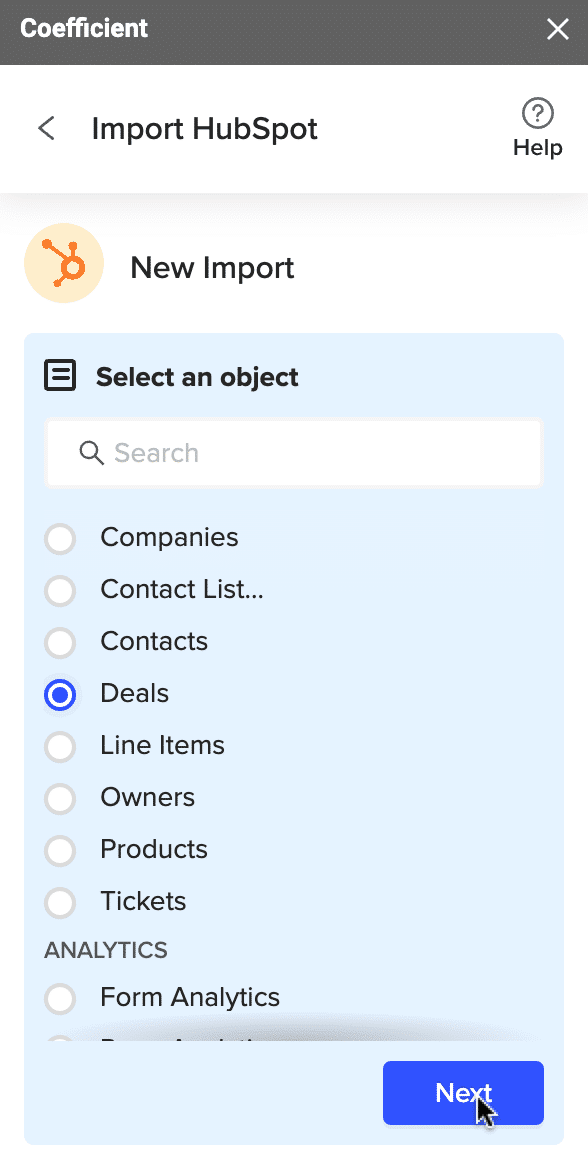 Under New Import, choose the Deals object.