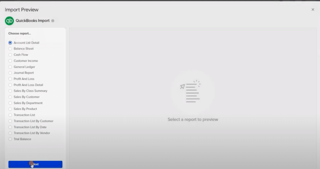 Choose the QuickBooks report you want to export to Google Sheets from the Data Preview window.