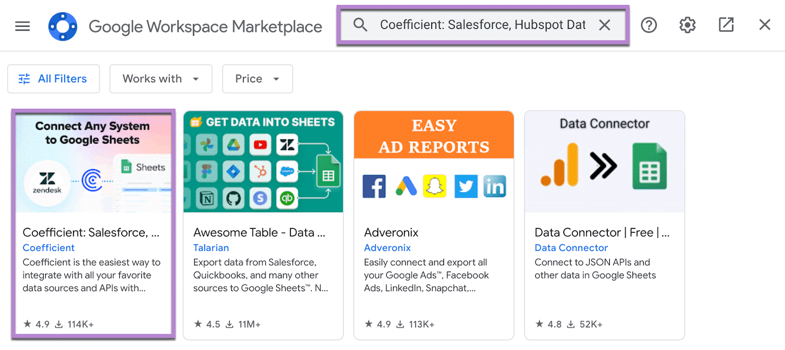 Search for “Coefficient” in the Google Workspace Marketplace’s search bar.