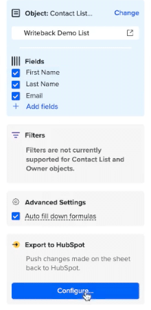 Click Configure… under the Export to HubSpot section.