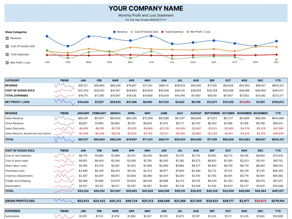 monthly p&l template
