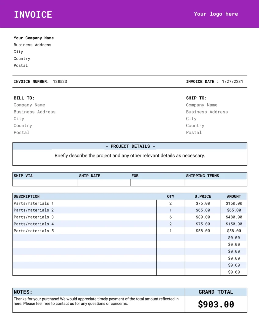 shipping invoice template