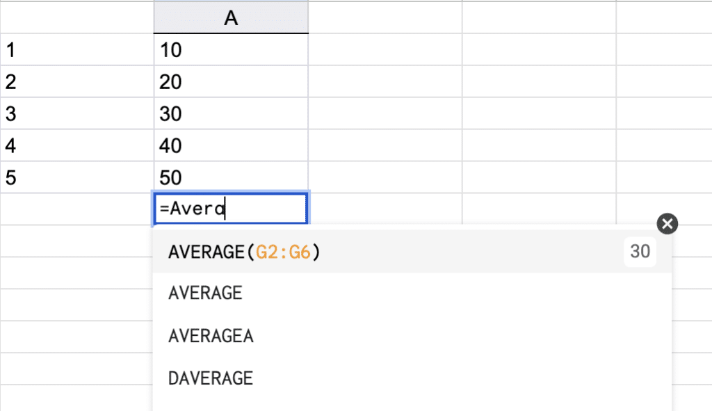 An illustration showing the use of the AVERAGE function in Google Sheets, with a formula input of '=AVERAGE(A1:A5)' which calculates the mean of numbers 10, 20, 30, 40, and 50."
