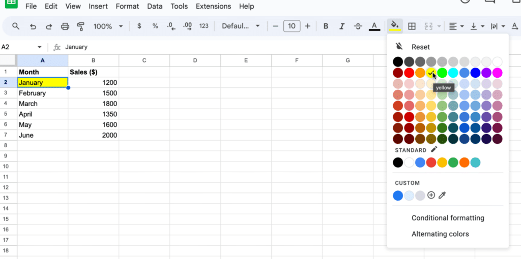 Google Sheets data with 'January' cell highlighted, showing the fill color dropdown menu.