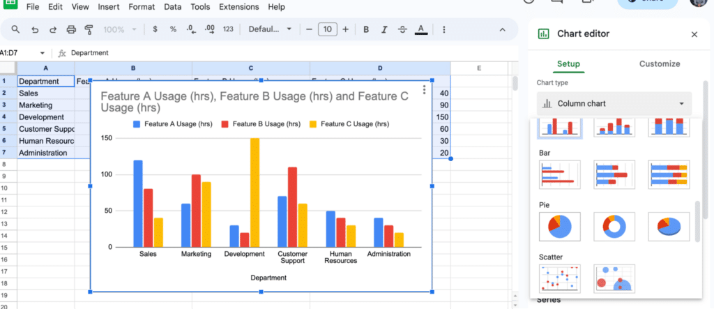 Dropdown menu in Google Sheets for selecting a pie chart type among different chart options.