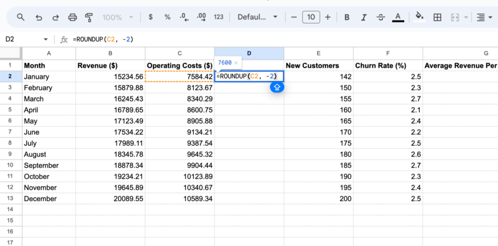 Google Sheets showing the ROUNDUP function being used in a cell to round up the operating costs for January.