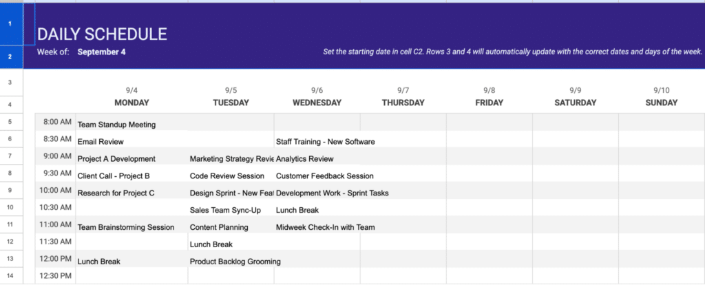 A view of a Google Sheets document with a daily schedule template filled with weekly tasks and project timelines.