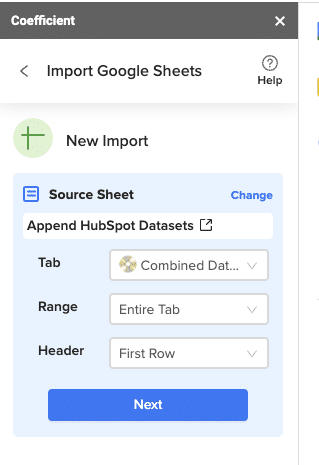 Navigate to Source Sheet and select your HubSpot appended dataset spreadsheet.