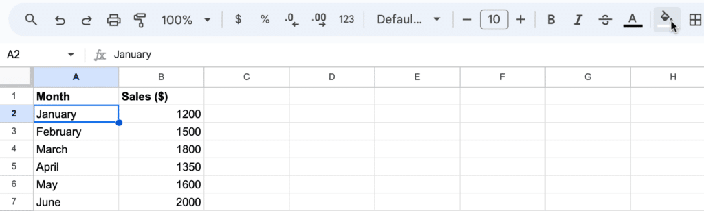 Google Sheets with selected cells ready for highlighting, with the fill color tool displayed."