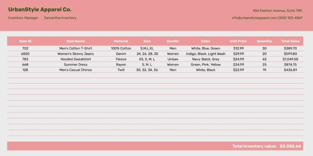Simplified clothing inventory template with details on apparel items, sizes, available colors, pricing information, and an aggregate total inventory value at the bottom.