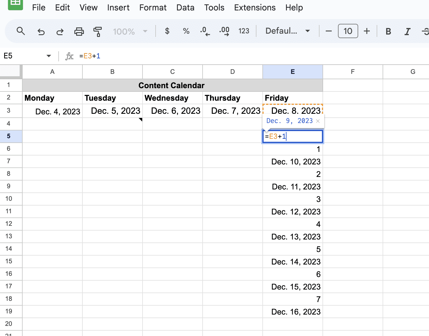 Filling in the calendar dates using the fill handle.