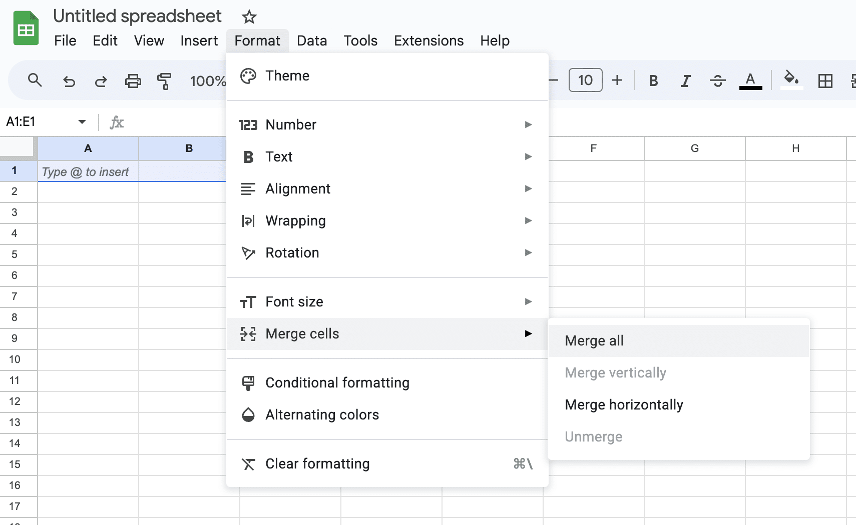 Merging cells for calendar title in Google Sheets.