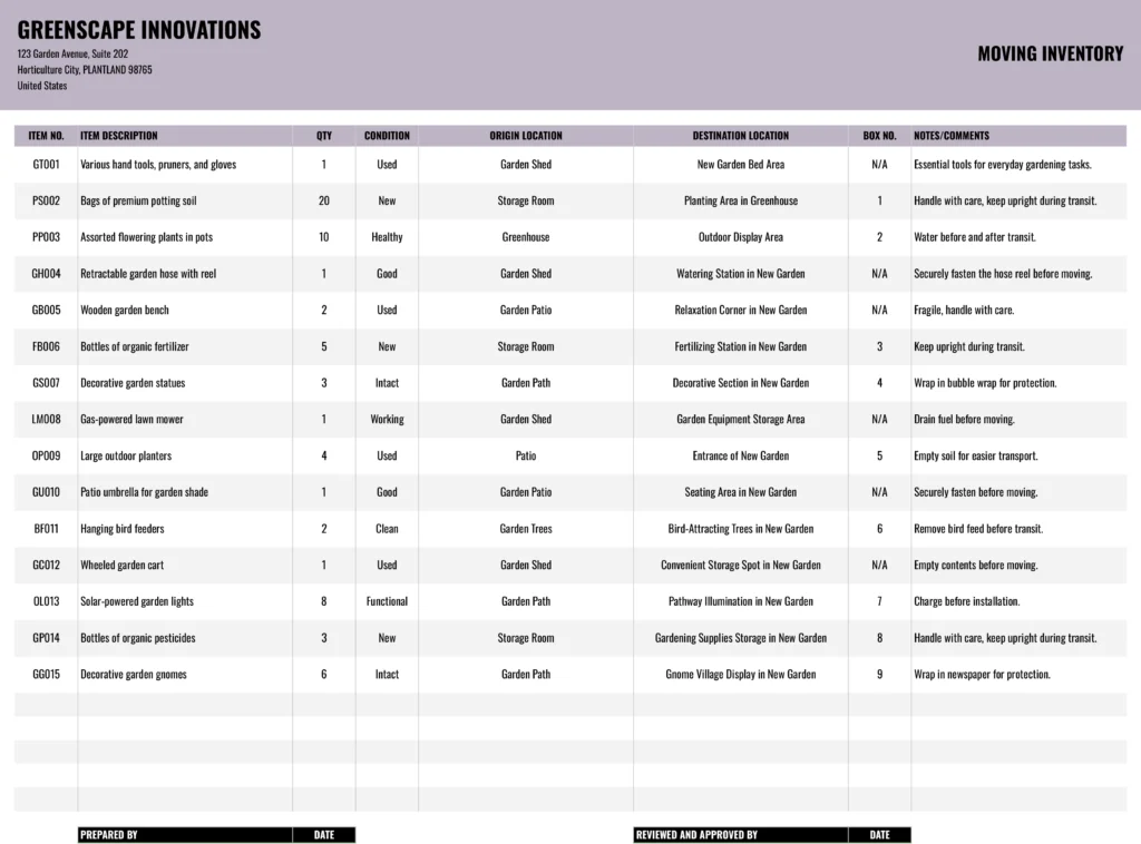 A template specifically designed for tracking the movement of gardening tools and supplies, listing item descriptions, quantities, conditions, and movement details between locations.