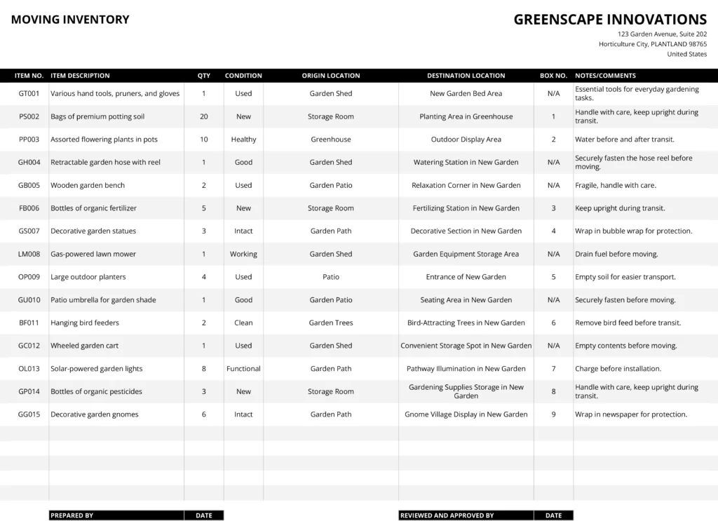 An extended moving inventory template for a gardening business, which covers a wider range of gardening items, including detailed conditions and instructions for transport and handling.