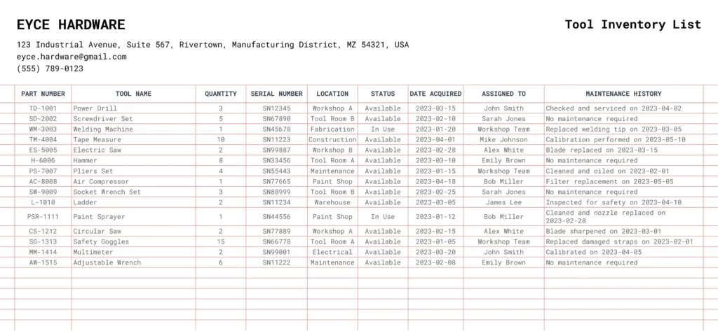 A more detailed template for a tool inventory, offering comprehensive tracking of a variety of tools with information on serial numbers, assigned personnel, and maintenance.