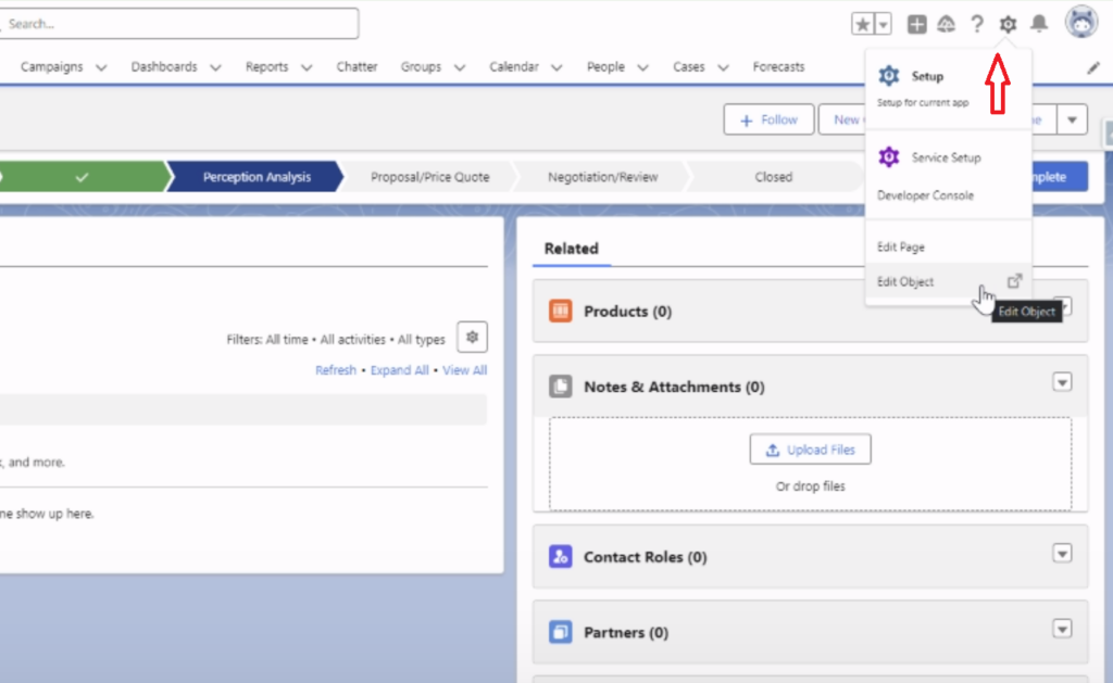 In the Setup menu, finding and clicking on 'Object Manager' and selecting an object like 'Account' or 'Contact' for Related Lists modification.