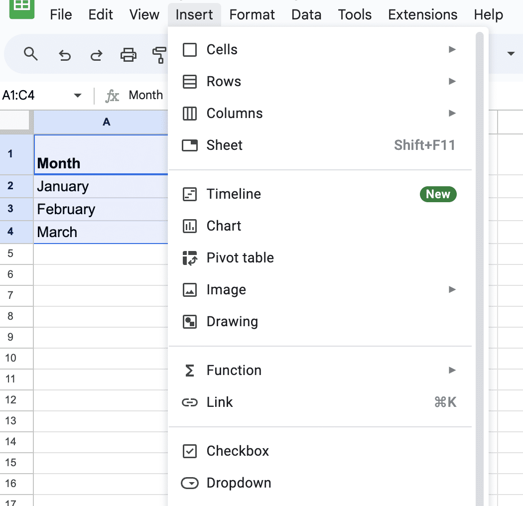 Clicking the Insert menu in Google Sheets to begin the process of adding a scatter plot.