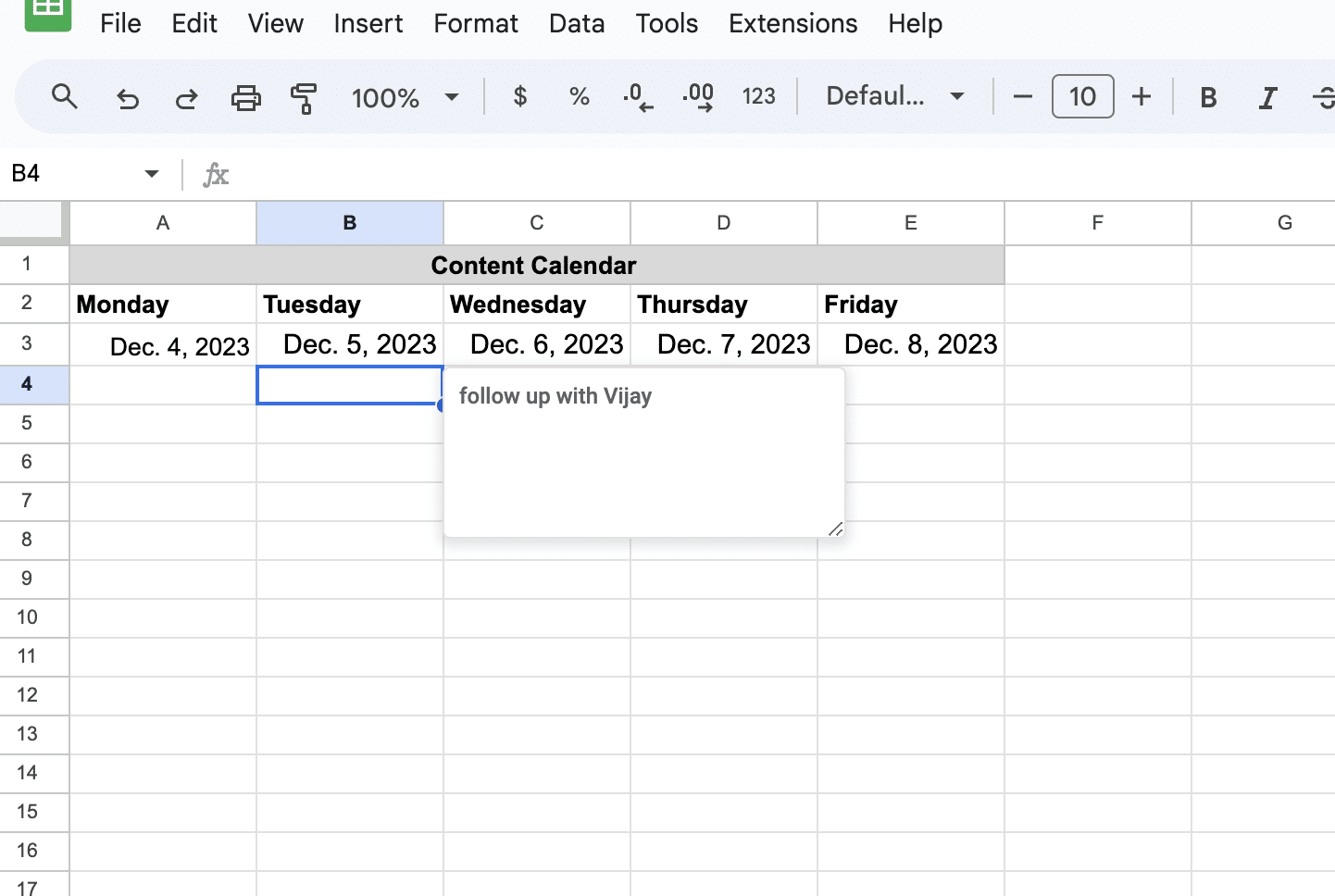 Demonstrating how to add event details to specific dates using the 'Insert > Note' feature in Google Sheets.