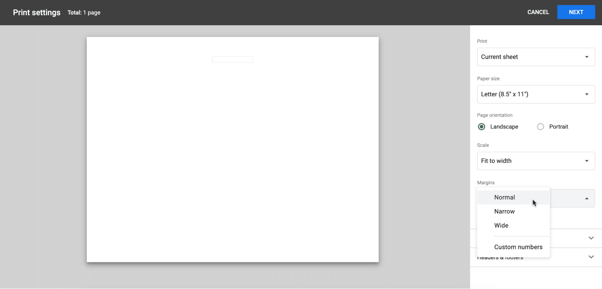 Adjusting margins in a Google Sheets business report.