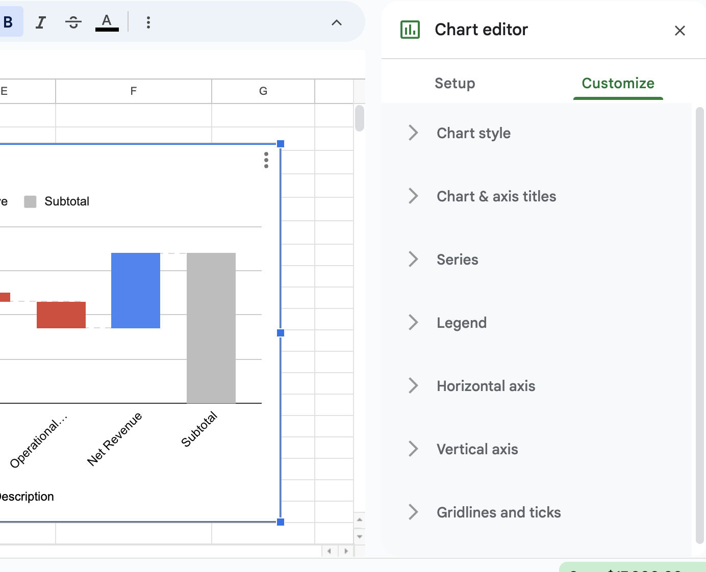Customizing the waterfall chart in Google Sheets