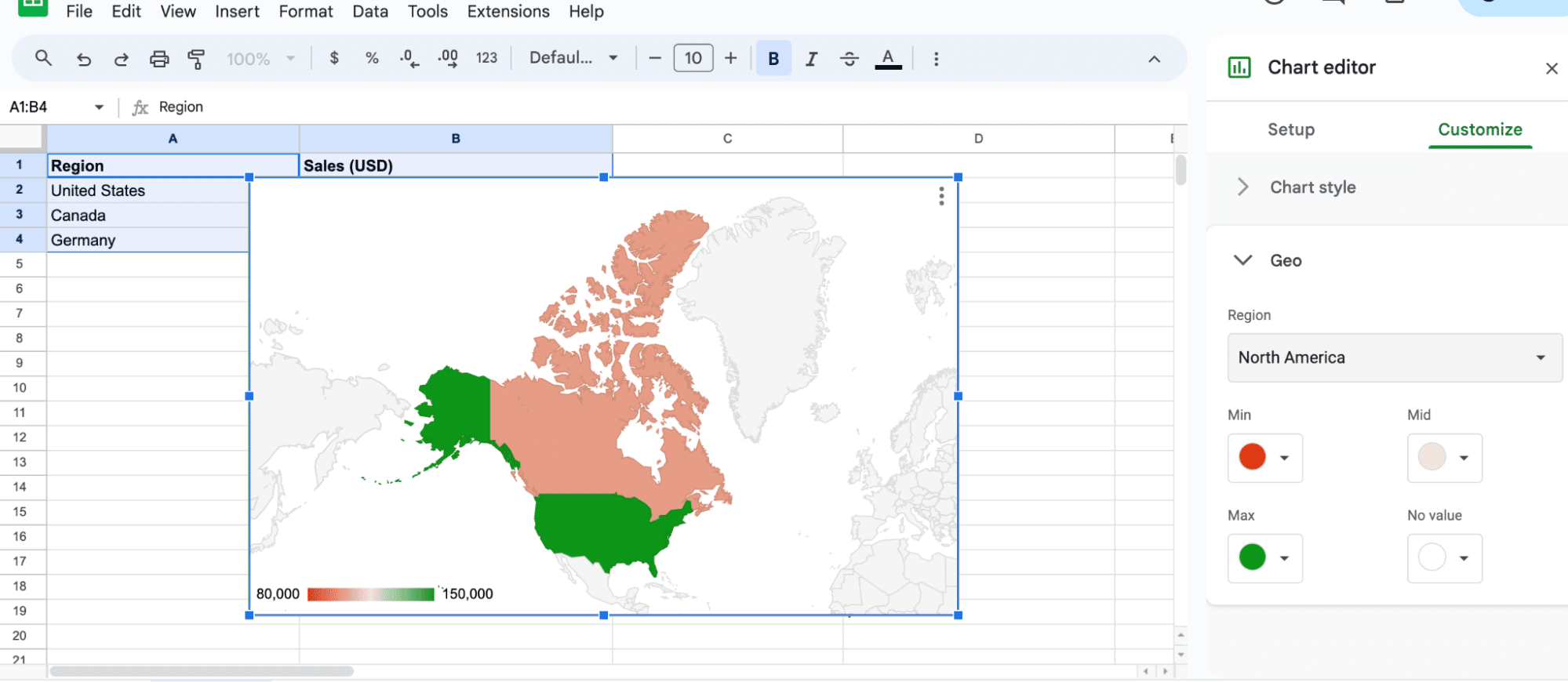Customized geo chart reflecting business metrics in Google Sheets.