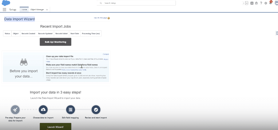launching import wizard from the salesforce menu