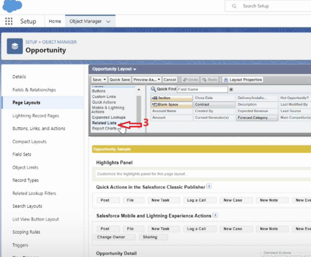 In the chosen page layout, locating the 'Related Lists' section for customization.
