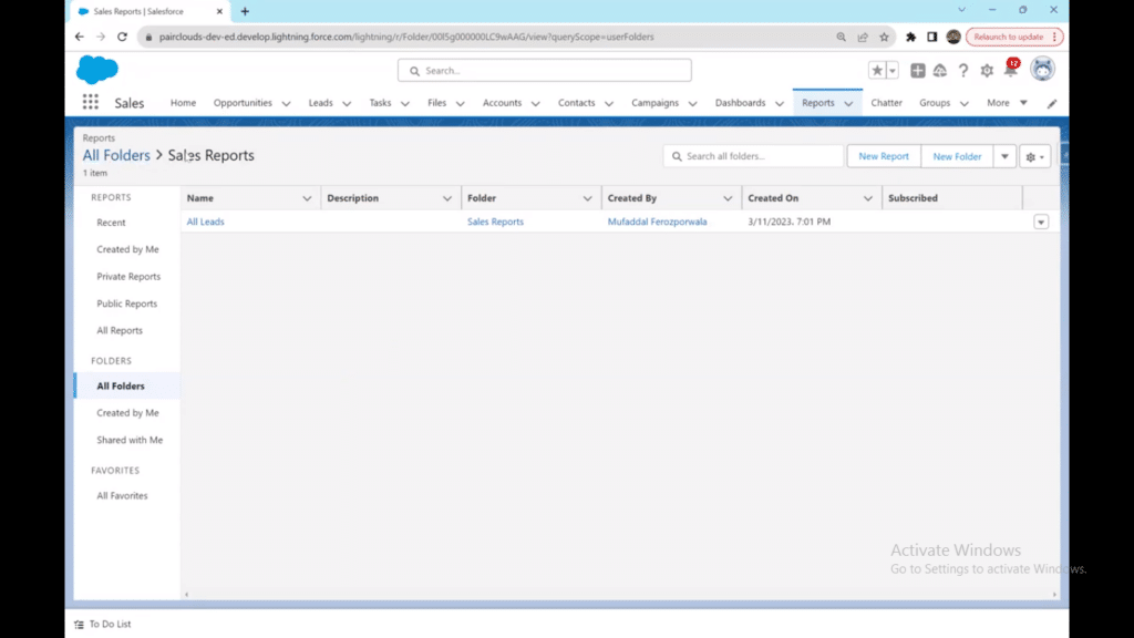 Navigating to the Reports tab in Salesforce.