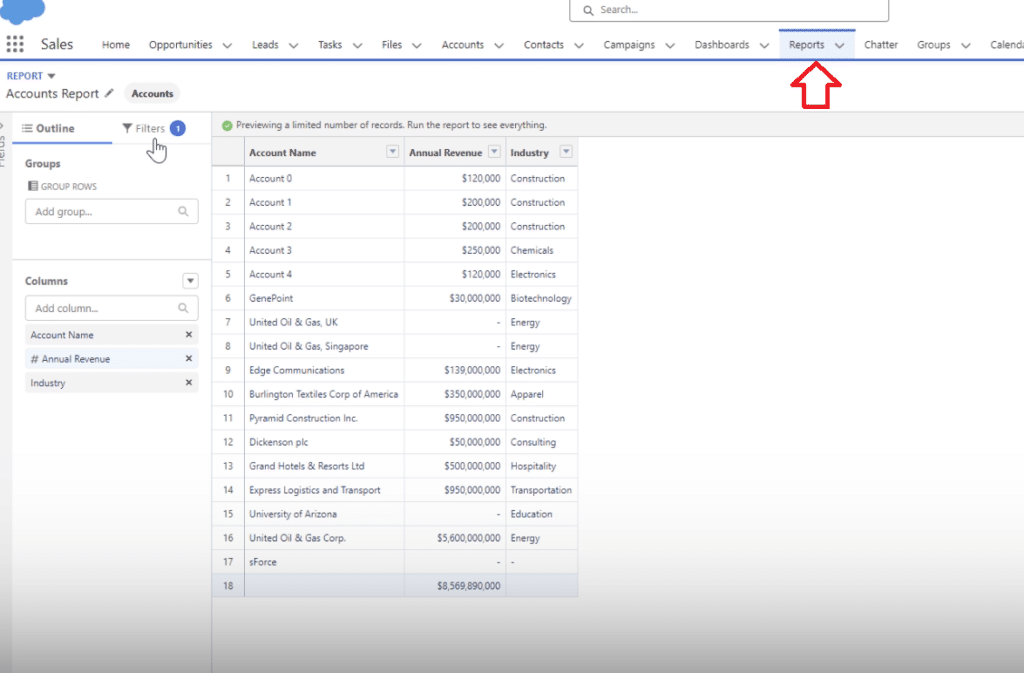 Navigating to the 'Report' section in Salesforce for setting up filter logic.