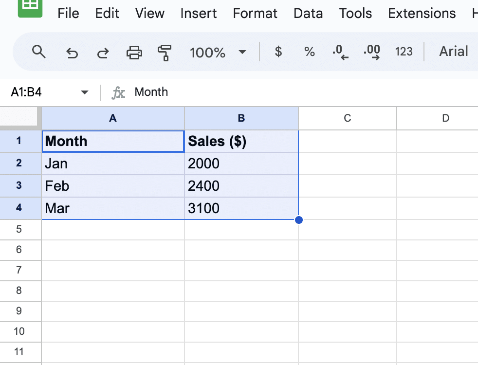 Selecting data range for scatterplot chart in Google Sheets.