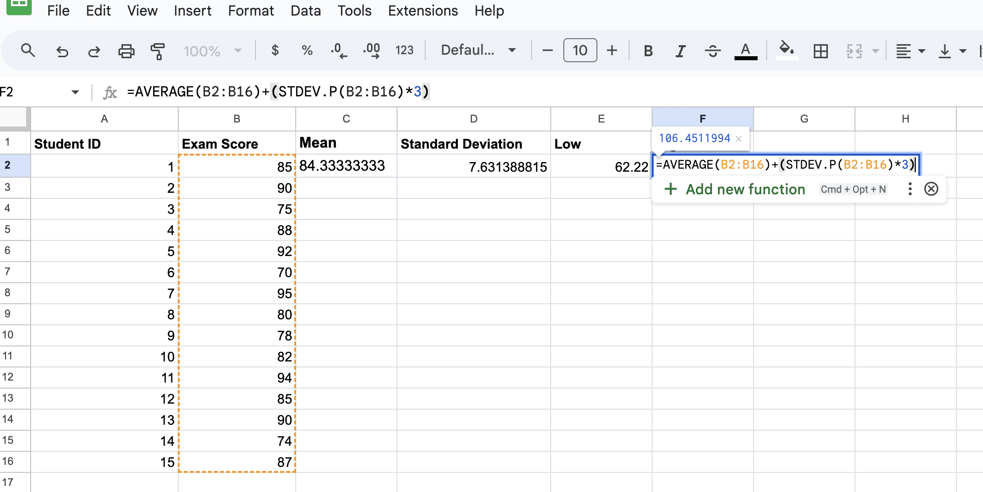 Detailed instructions on computing standard deviation extremes for bell curve analysis in Google Sheets, using specific formulas to determine the -3 and +3 deviations from the mean.