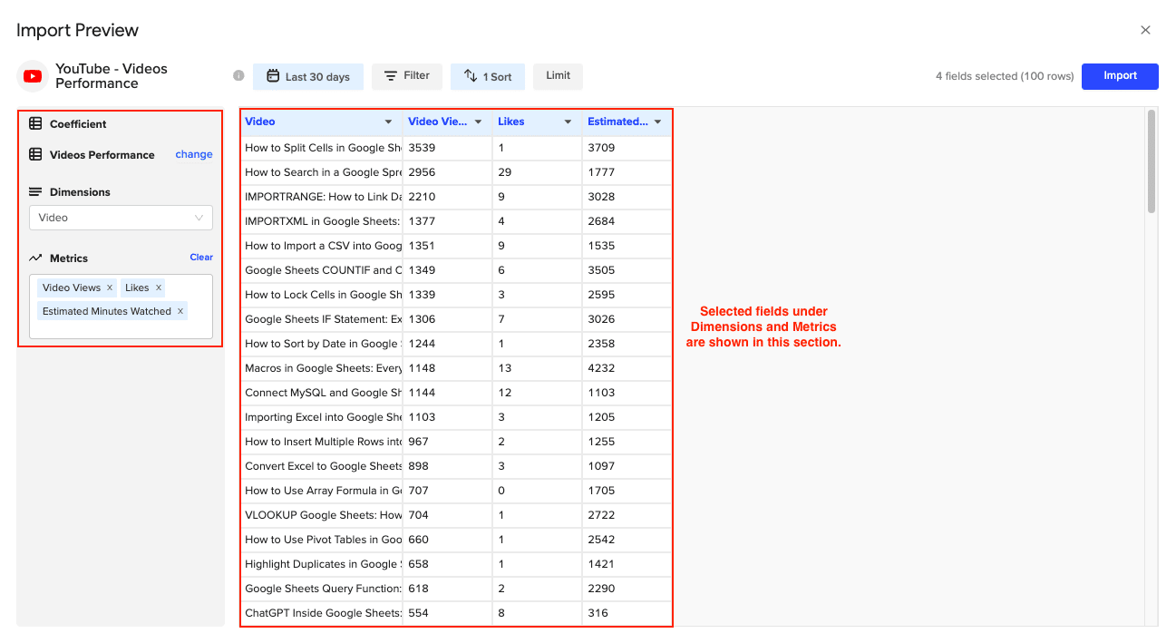 Select desired fields for Dimensions and Metrics.