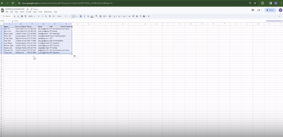 Pasting the exported Salesforce contact data into a new Google Sheet for verification