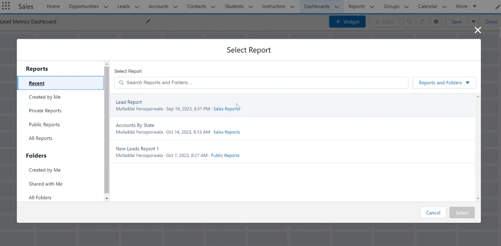 Configuring a component in Salesforce Dashboard
