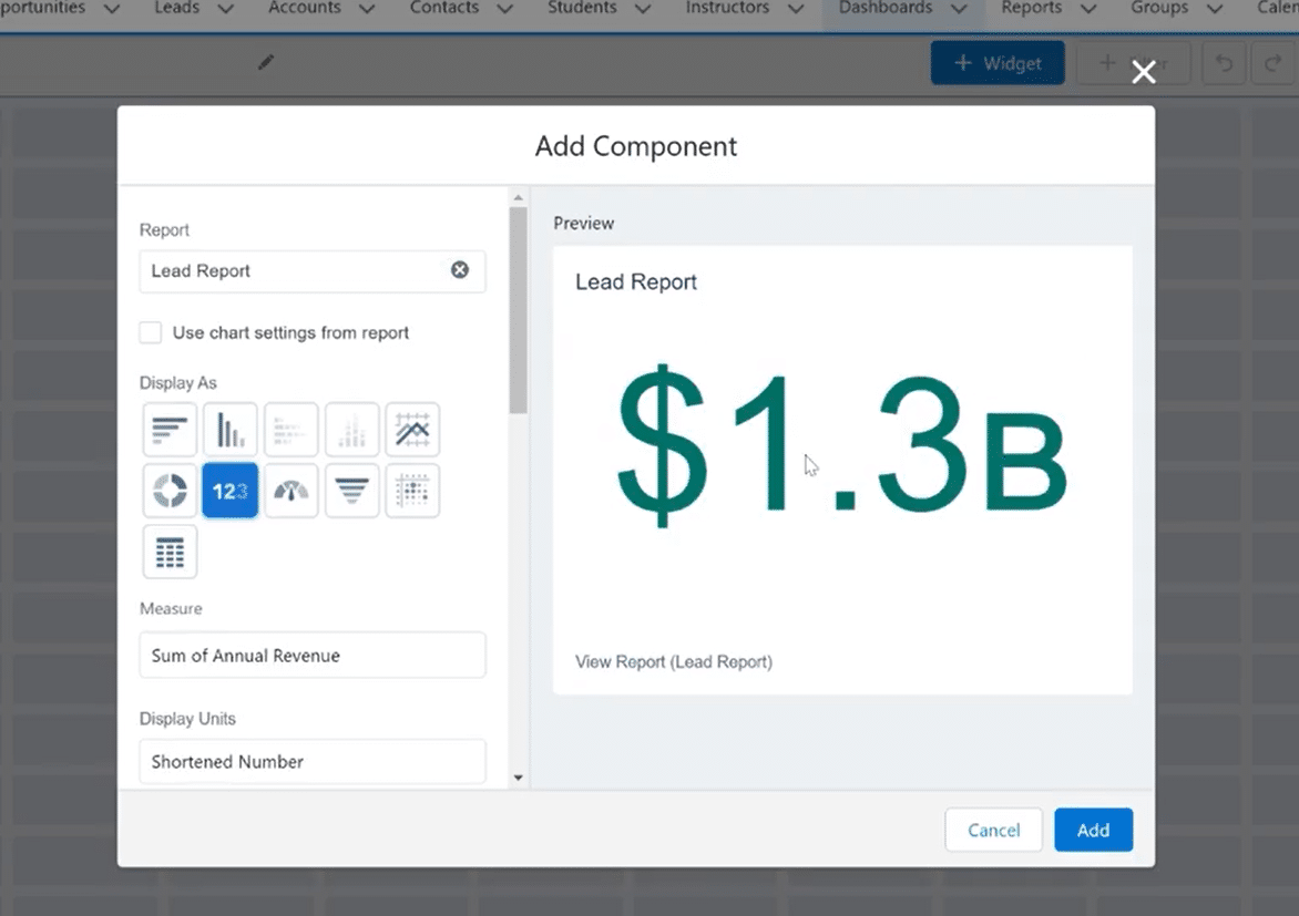 Selecting a measure for Salesforce dashboard