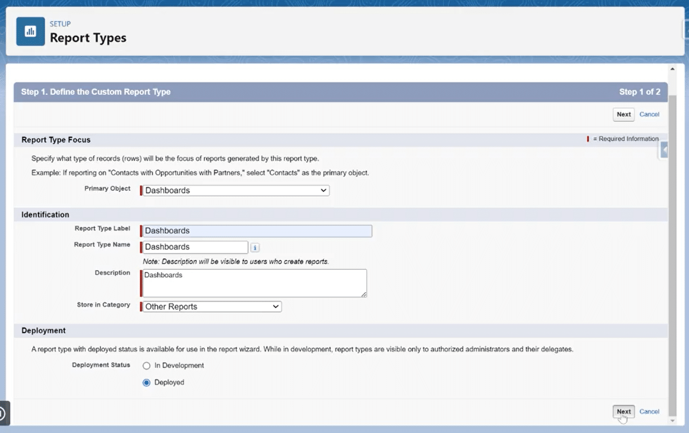 Selecting ‘Dashboards’ as the primary object in Salesforce report types